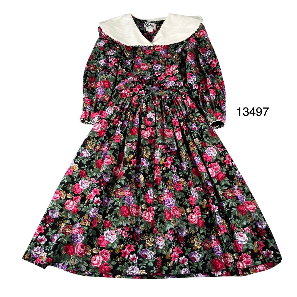 CGJ Floral Dress Women 7 Black Good Vintage Made in USA Cottagecore 92136